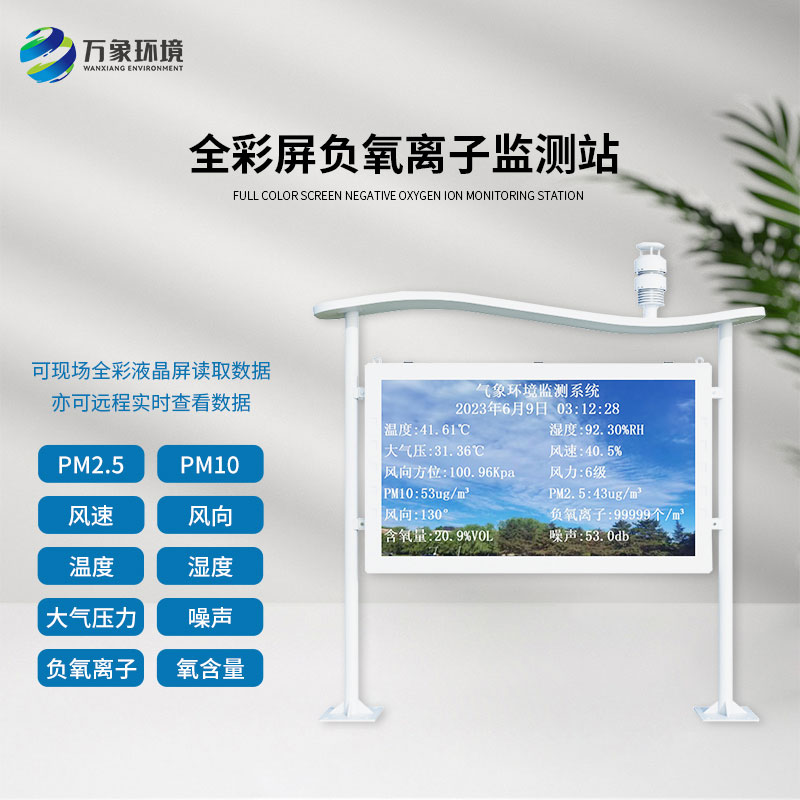 全彩屏一體化負(fù)氧離子監(jiān)測(cè)站：全彩屏顯示，直觀呈現(xiàn)監(jiān)測(cè)數(shù)據(jù)